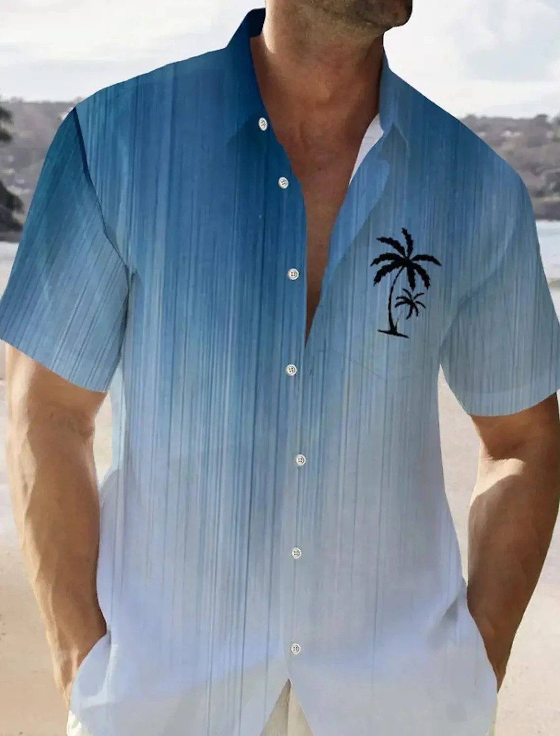 2024 Summer New Men\'s Lapel Short Sleeve T-Shirt Coconut Tree Printed Stereoscopic Pattern Couple Hawaii Shirt Daily Casual Wear