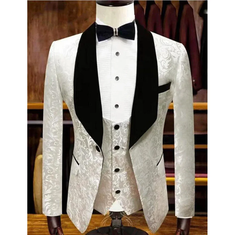 

White Classy Jacquard Men's Suits 3 Pieces Wedding Groom Tuxedo Gorgeous Suit Set For Men Prom Wear Customized