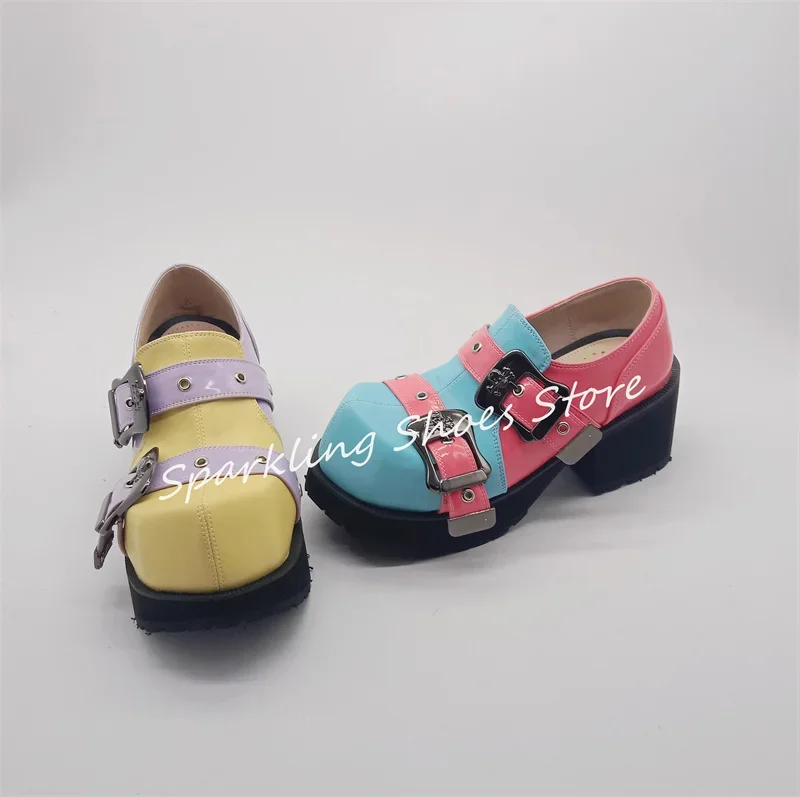 

Punk Belt Buckle Chunky Bottom Big Head Women Pumps Mixed Color Square Heel Leather Shoes Ladies Customized Shoes Size 33-47