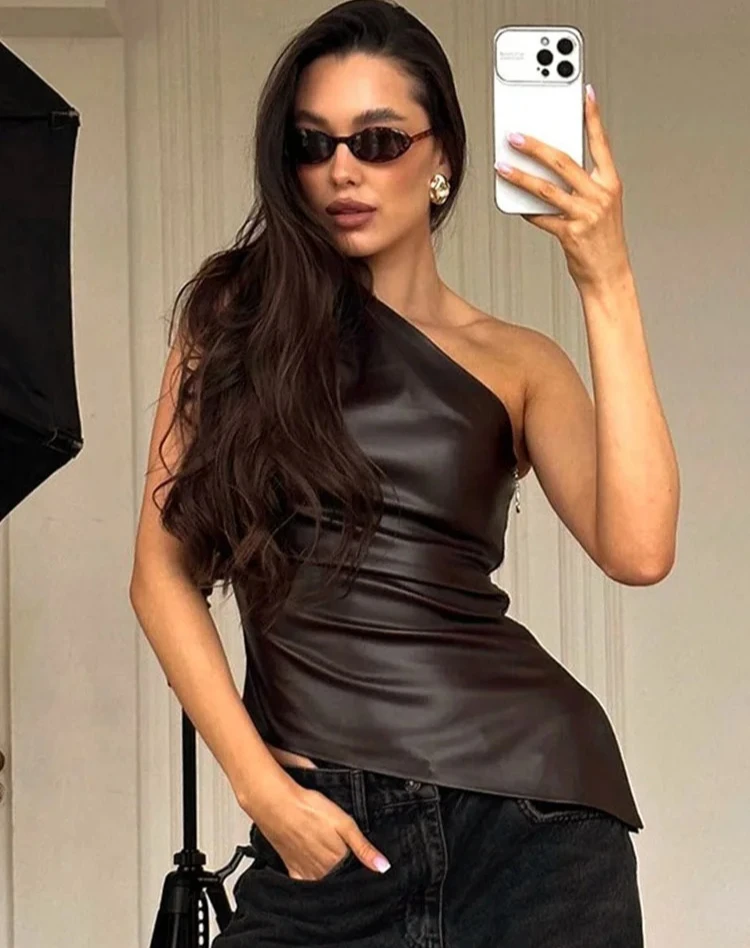 

Fall Snd Winter New Pure Color Slim Sleeveless One-Shoulder Slanting Collar Zipper Show Thin Jacket