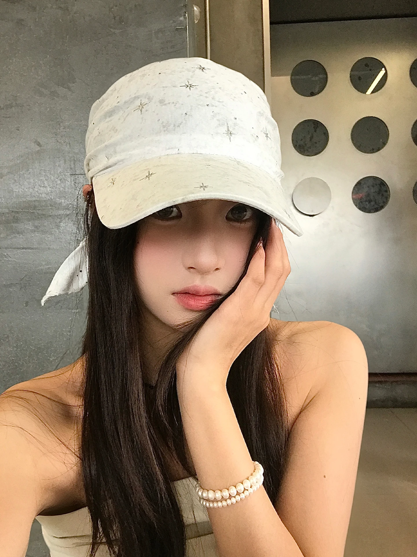 Korean Style White Star Print Headscarf Hat Women's Spring Summer Outdoor Sun Protection Hat Casual round Top Baseball Cap