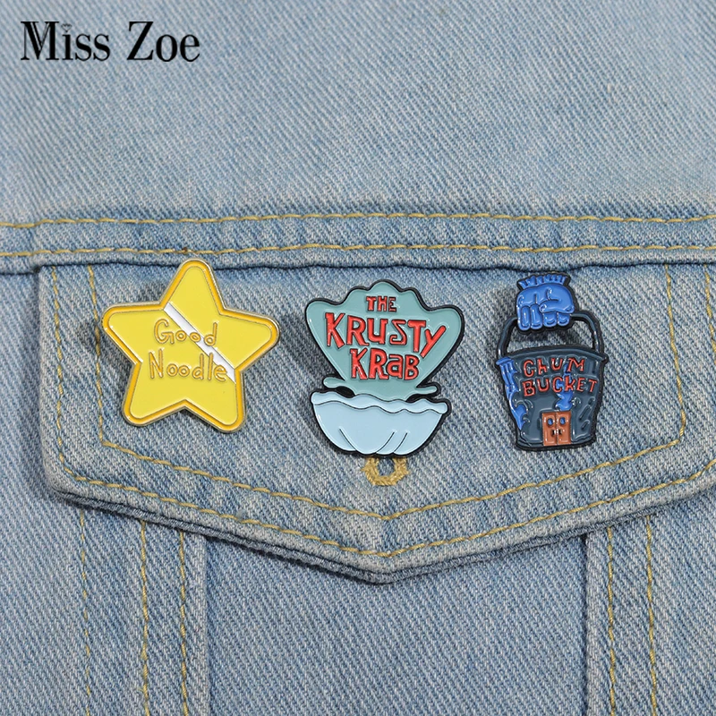 Cartoon CHUM BUCKET Enamel Pins Custom Marine Life Shells Brooches Lapel Badges Funny Jewelry Gift for Kids Friends