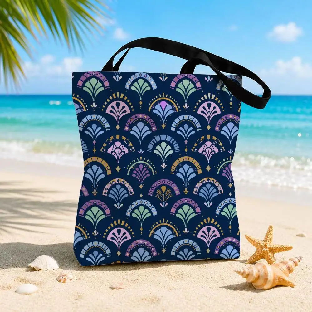 Boho Pastel Shells Storage Bags Beach Canvas Shoulder Tote Bag Double-Sided Print Fashion Handbag for Travel Picnic