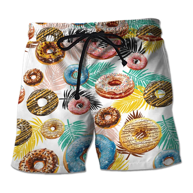 3D Printed Donut Cake Short Pants For Men Cute Doughnut Dessert Pattern Swim Trunks Hawaiian Casual Street Surfing Beach Shorts