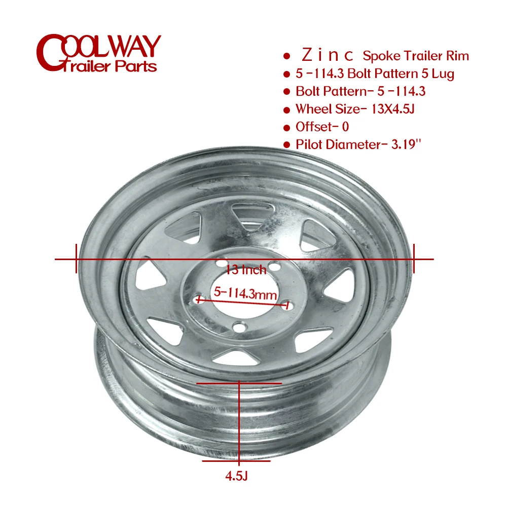 13 Inch X 4.5J Zinc Spoke Trailer Rim 5 -114.3 Car Bolt Pattern Caravan Boat RV Parts Accessories