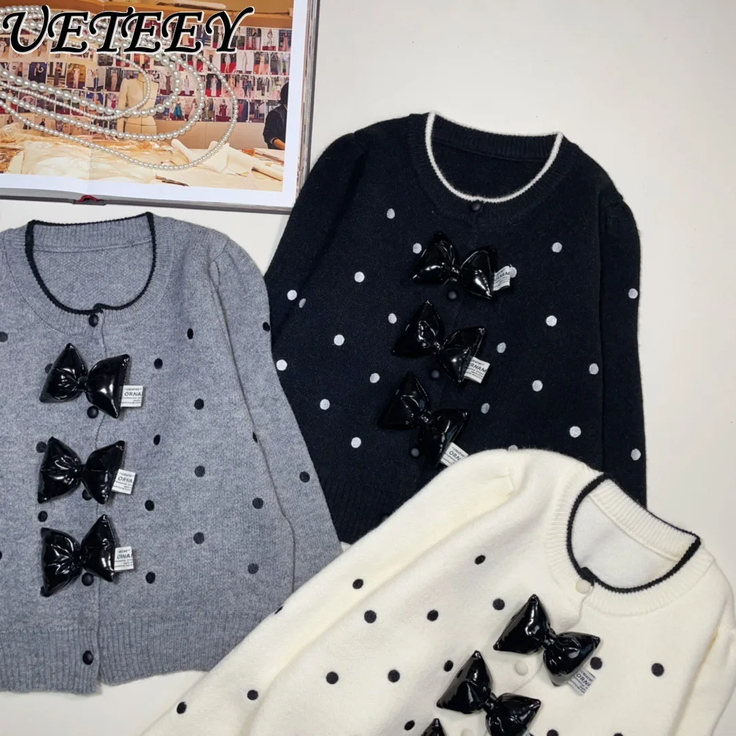 Retro Temperament Polka Dot Girl Bow Brooch Sweater Jacket Autumn Winter New Age-reducing Long-sleeved Crew Neck Cardigan