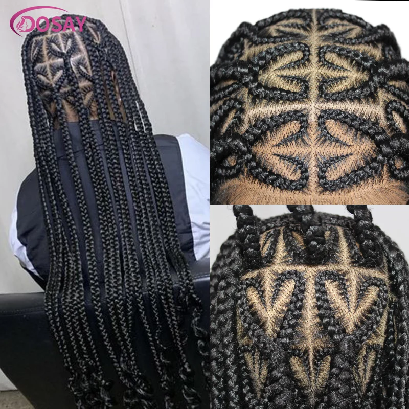 Long 36'' Cornrow Braided Wigs Synthetic Lace Wigs With Baby Hair Faux Locs Heart Shape Knotless Box Braids Wig For Black Women