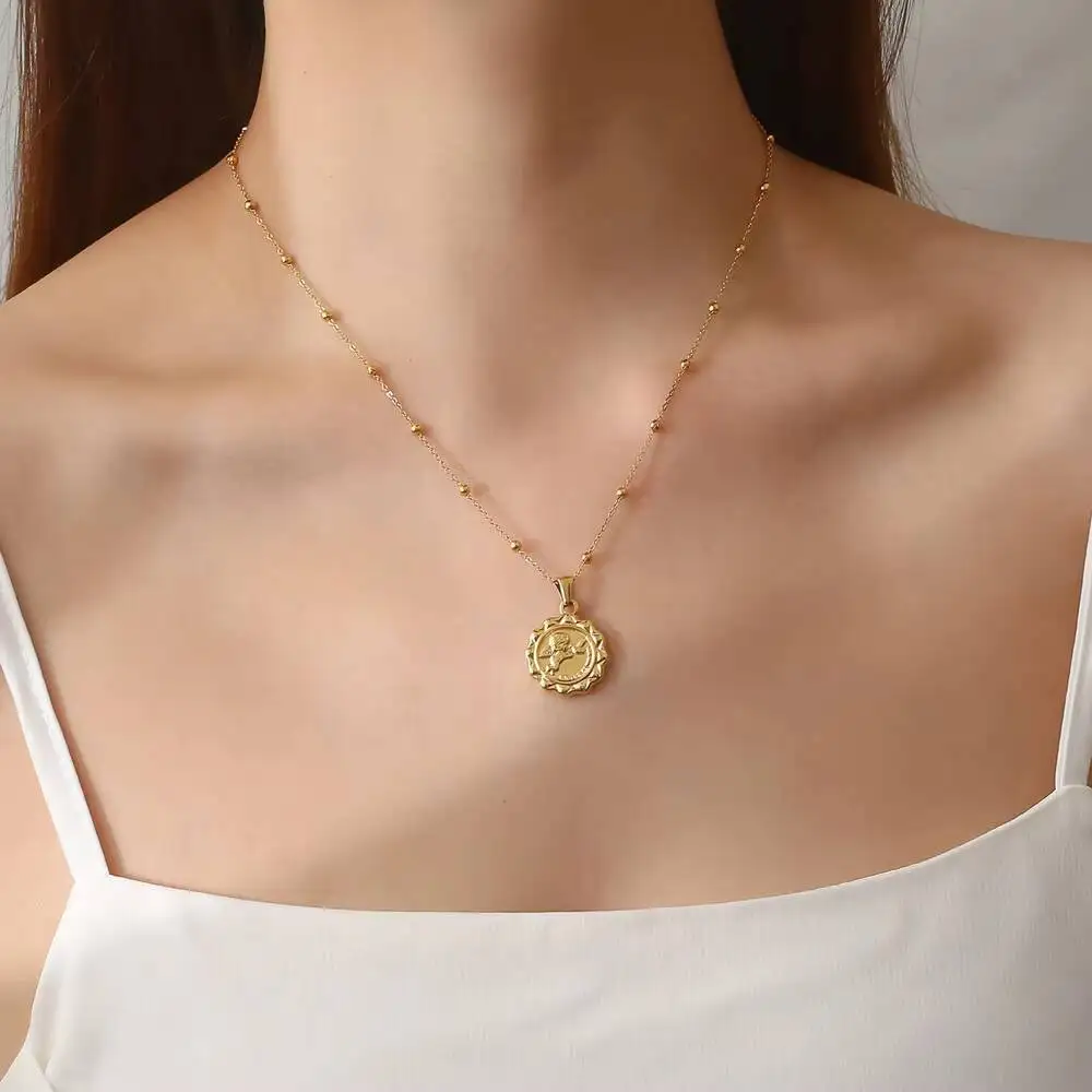 Women Delicate The Angel Cupid Coin Pendant Necklace Jewelry In Stainless Steel