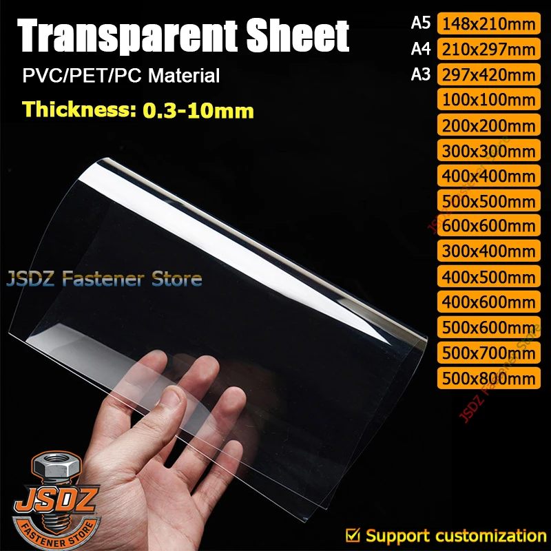 Transparent Sheet PVC Plastic Plate PET/PC Sheet A3/A4/A5 100x100 200x200 210x297 297x420 300x300 400x400 500x500 600x600 800mm