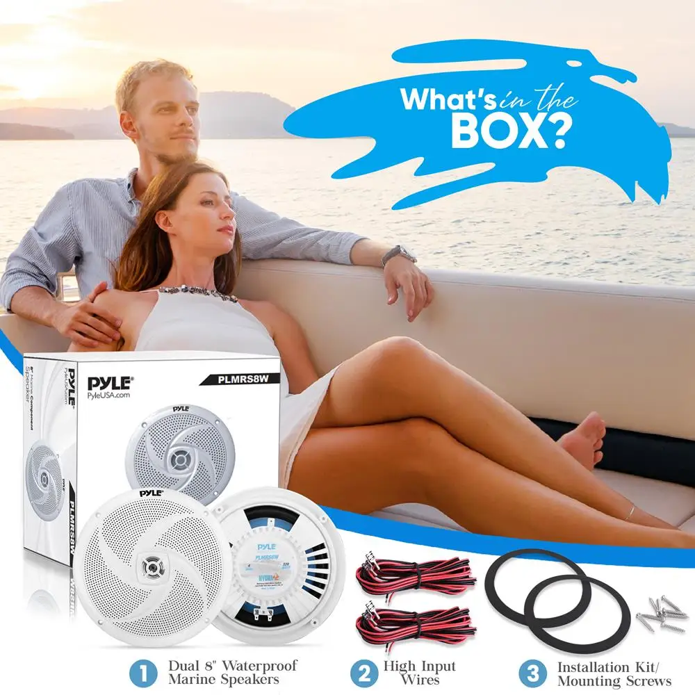 مكبرات صوت للمركبات البحرية مقاس 8 بوصات من PyleUsa ثنائية الاتجاه بقدرة 320 وات 4 أوم، نظام مكبر صوت مكون للسيارة مقاوم للماء، مغناطيس 8 أونصة