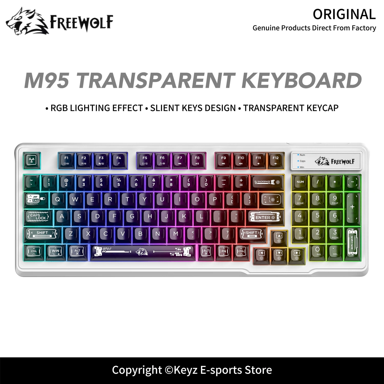 98% Compact Layout Wired RGB Silent  Keyboard 26-Key Anti-Ghosting FREEWOLF M95 Transparent Keyboard Black/White for E-Sports