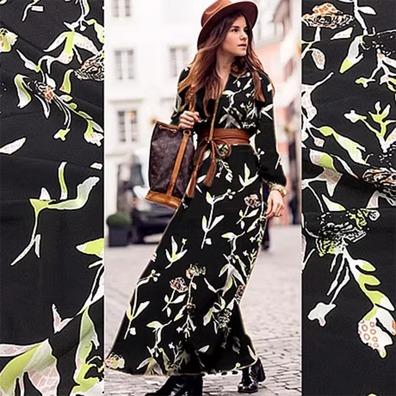 

1 meter 100% Mulberry Silk 15 momme Crepe Silk Fabric Black With Flowers Printed 137cm 54" wide by the yard XL335