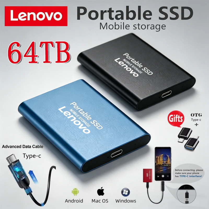 

Портативный SSD-накопитель Lenovo 1 ТБ/2 ТБ, внешний твердотельный накопитель USB 3.0, высокоскоростное устройство хранения данных для ноутбуков/настольных ПК/Mac/ПК