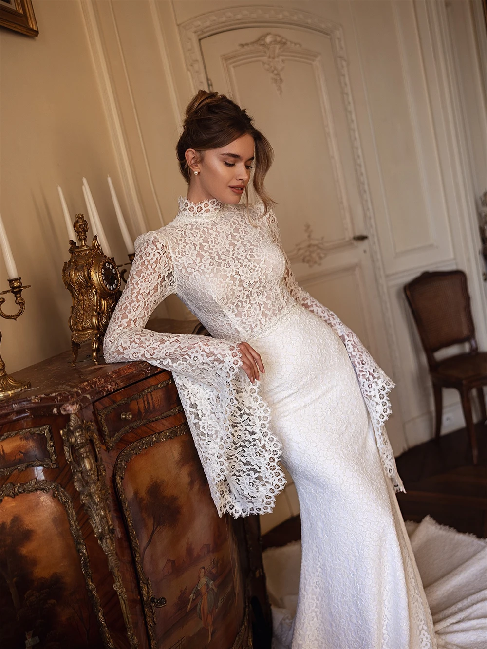 Customized Soft White Lace Wedding Dress Formal Boho O-Neck Long Sleeves Bridal Gowns Sexy Straight Court Train Vestido De Novia