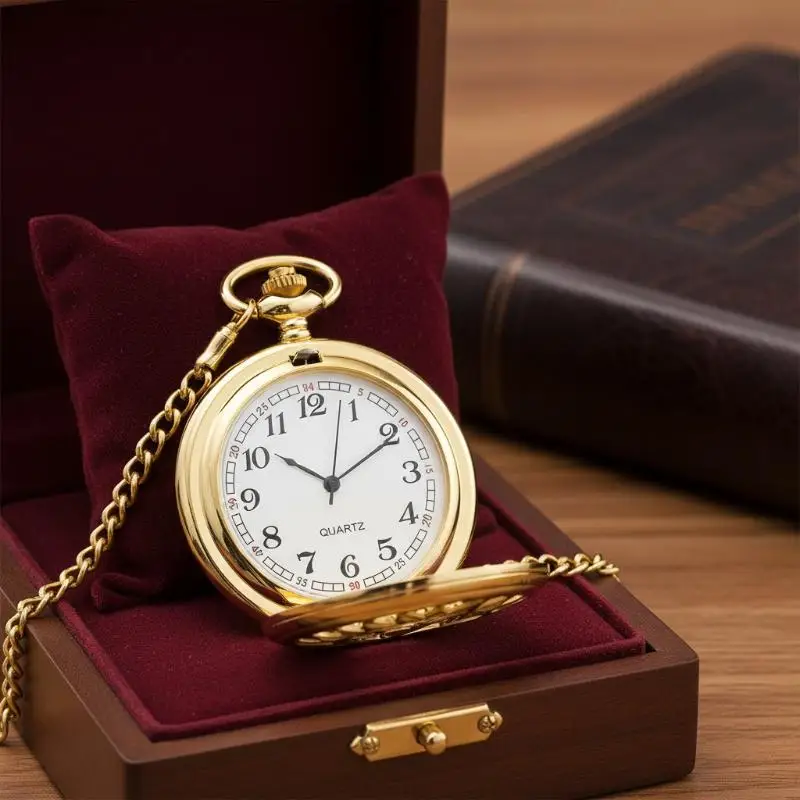 

Quartz hanging watch with chain gift, classic retro pocket watch, simple digital face hanging chain, flip cover for women men