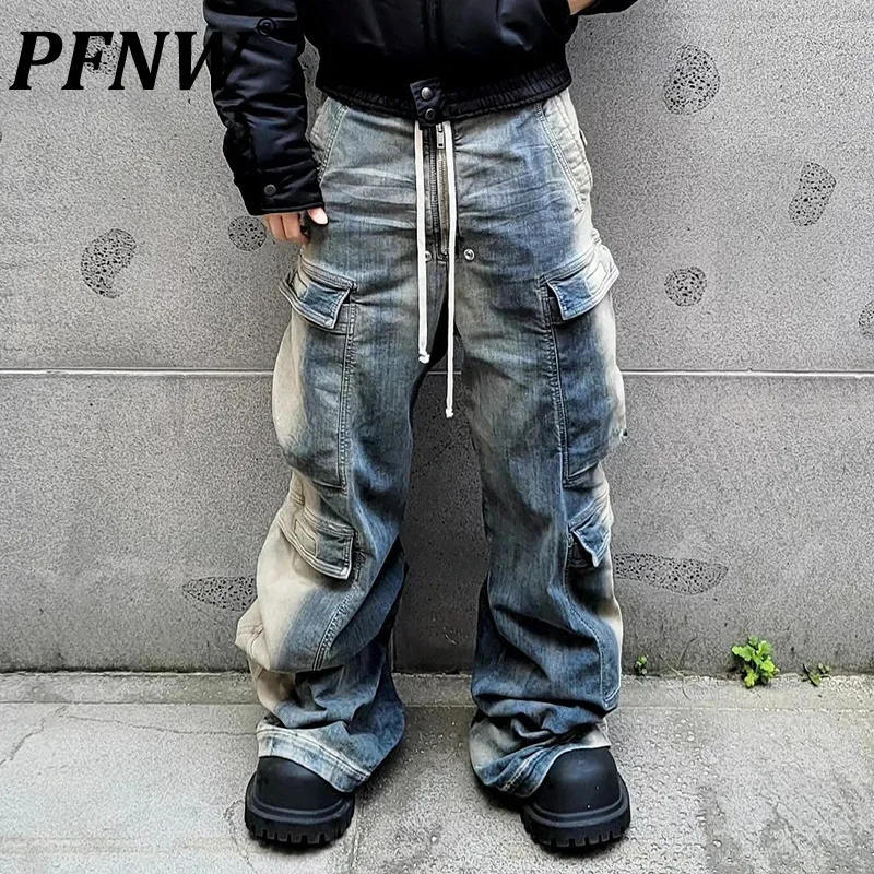 

PFNW High Street Washed Vintage Gradient Multi Pocket Jeans Men's Streetwear New Drawstring Wide Leg Pants Autumn Trendy 28W4702