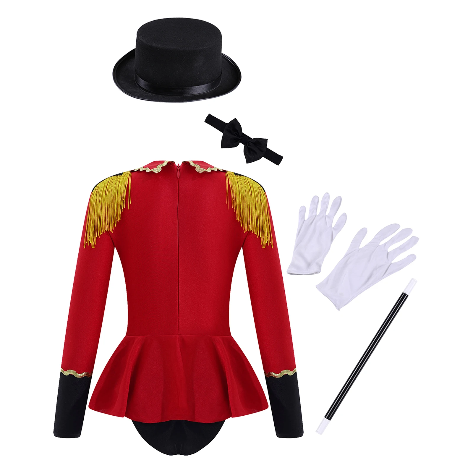 Kids Girls Circus Ringmaster Costume Magician Cosplay Costume Long Sleeve Back Zipper Leotard with Bow Tie Hat Magic Wand Gloves