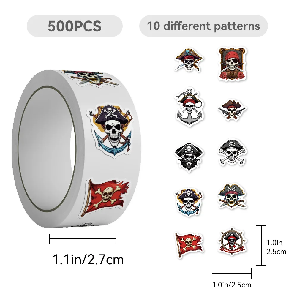 500 Sheets/Reel Non-Repeatable Pirate Themed Sticker Rolls for Adorable Cup, Phone Case, Notebook DIY Custom Stickers