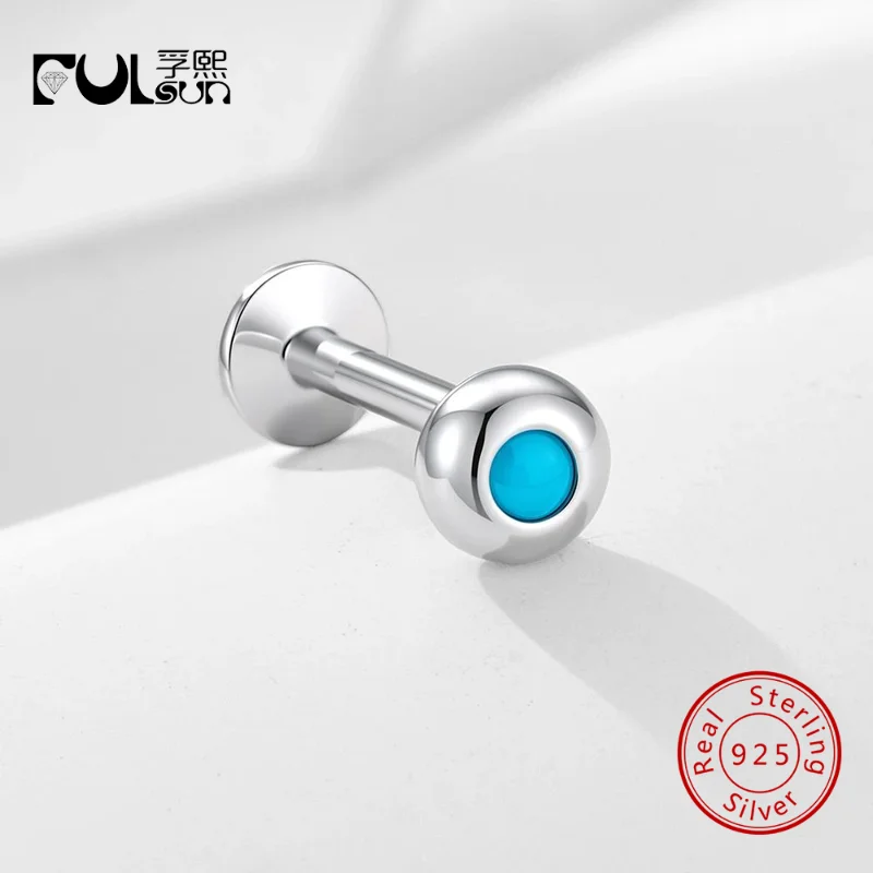 925 Sterling Silver 14K Gold Plated Round Ball Turquoise Flat Back Single Stud Earring Cartilage Piercing Jewelry