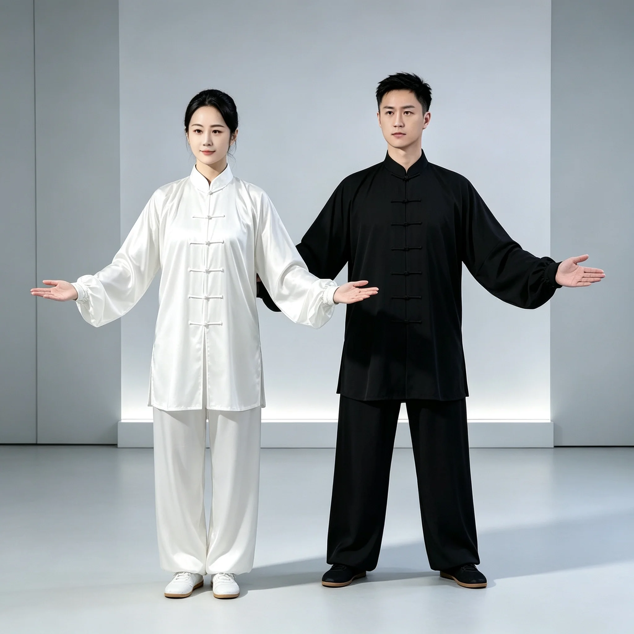 Unisex White Tai Chi Outfit with Bamboo Print, Retro Frog Button, Men's and Women's Kung Fu Outdoor Casual Wear