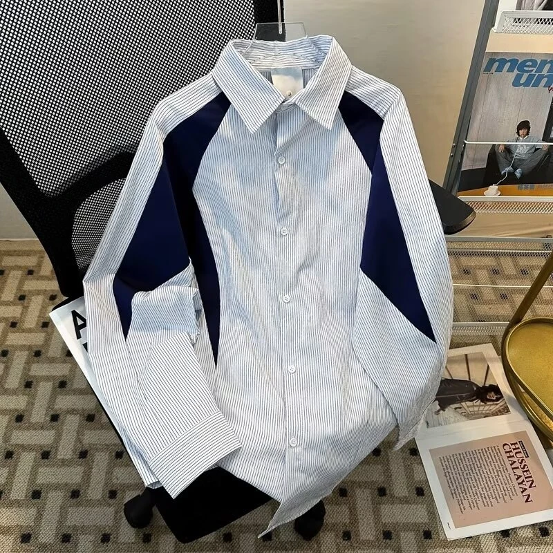 Men Striped Shirt Japanese New Spring Autumn Casual Loose Splicing Long Sleeve Coats Popular Versatile Blue Personalizd Tops