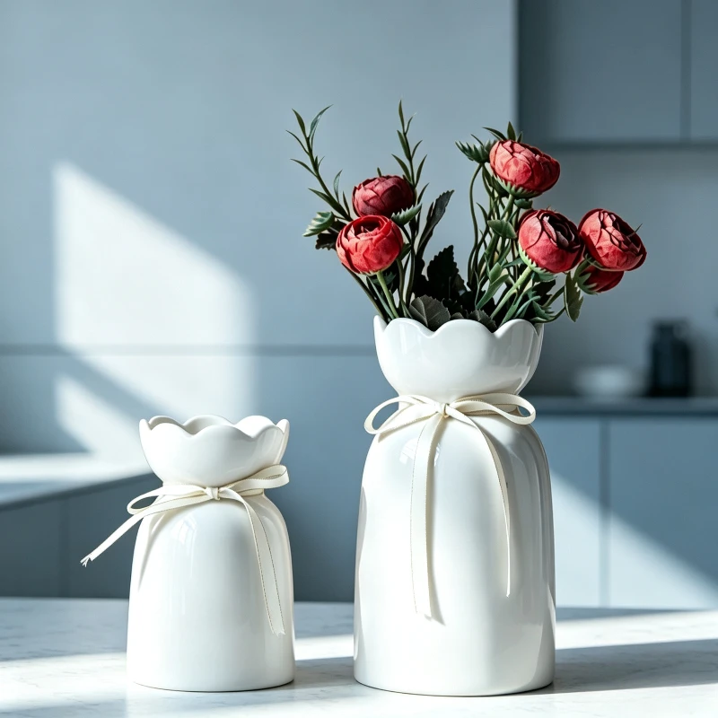 White Bag Mouth Ceramic Vase with Ribbon Elegant Flower Pot for Fresh and Dried Flowers Table Home Decoration