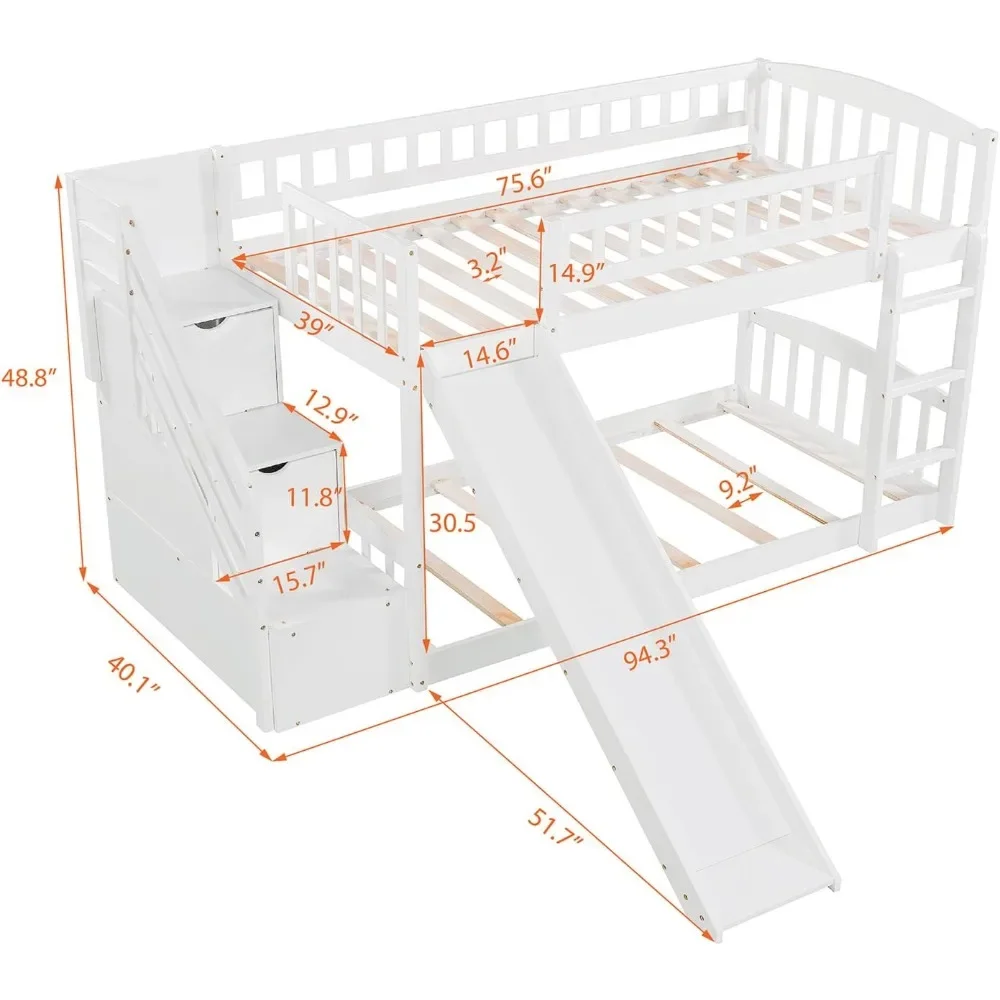 Etagenbettgestell, Rutsche, Treppen und Geländer, Kinderbettgestell aus massivem Holz, weiß