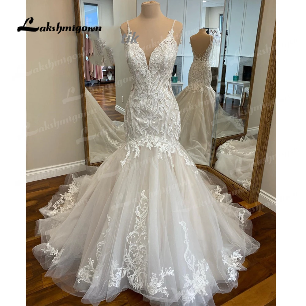 Lakshmigown trompete vestido de casamento vestidos de noiva alças espaguete gráfico renda tule sheer voltar vestidos beading de noiva