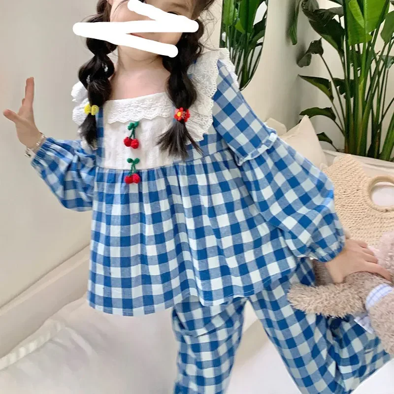 Girls Pajamas Long Sleeve Spring and Autumn Korean Plaid Princess Style Loose Pants Big Children Girls Home Wear Summer