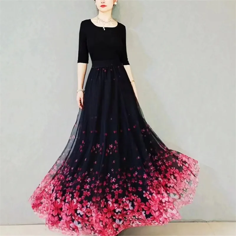 Skirt Women's Long Skirt 2024 New High Waist Slim A-line large Swing Skirt Female A-Line Skirts Summer Sakura Gradient Long Skir