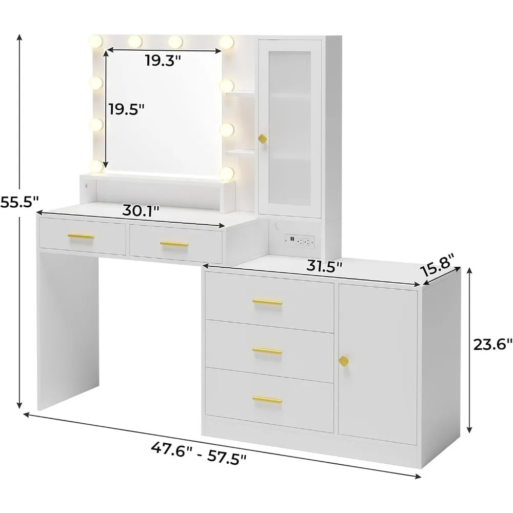 Vanity Desk with Mirror and Lights, Makeup Vanity with Lights and Charging Station, Makeup Table with Drawers & Shelves, Desk