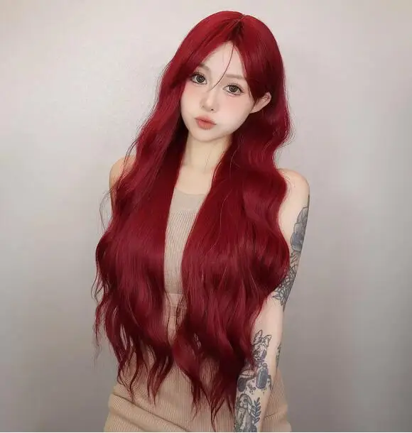 Long Body Wave Wig with Bangs Burgundy Wine Red Colorful Party Wig for Women Natural Daily Cosplay Synthetic Hair Heat Resistant