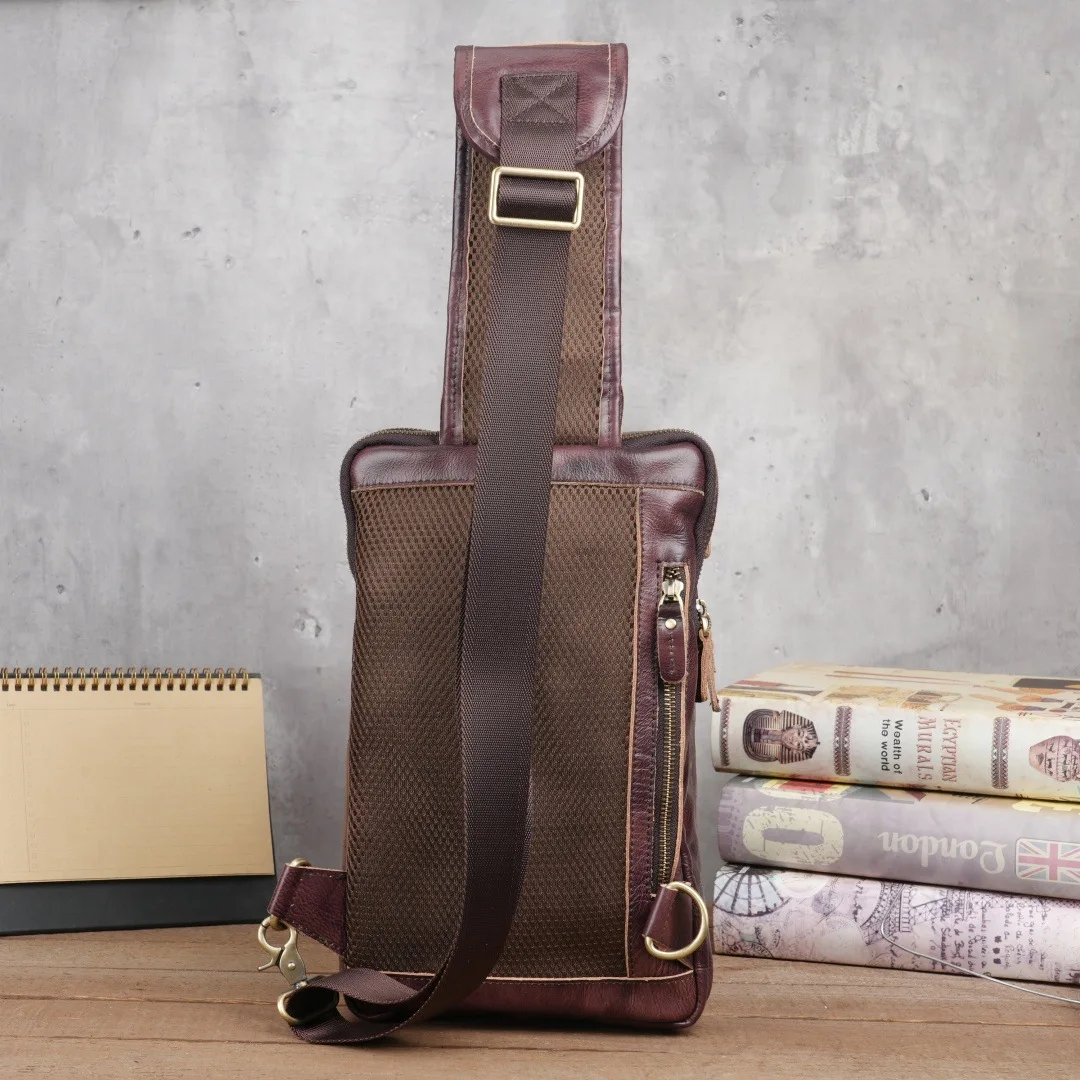 Men's Vintage Crazy Horse Leather Small Chest Bag | Top Grain Cowhide Spacious Multi-Function Crossbody Sling for Travel Outdoor