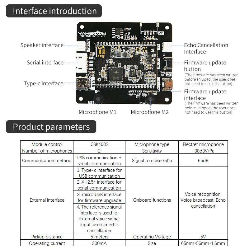 Voice Recognition Control Module Intelligent Sound Board Type-C Interface with Speaker for ROS ROS2 Robot Car DIY Kit