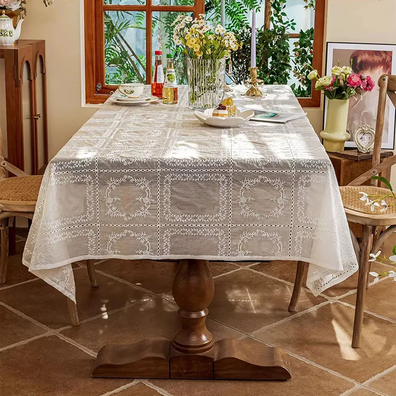 1Piece French Romantic Retro Court Style White Lace Embroidered Tablecloth Rectangular Coffee Table Tablecloth Dustproof Cloth 2