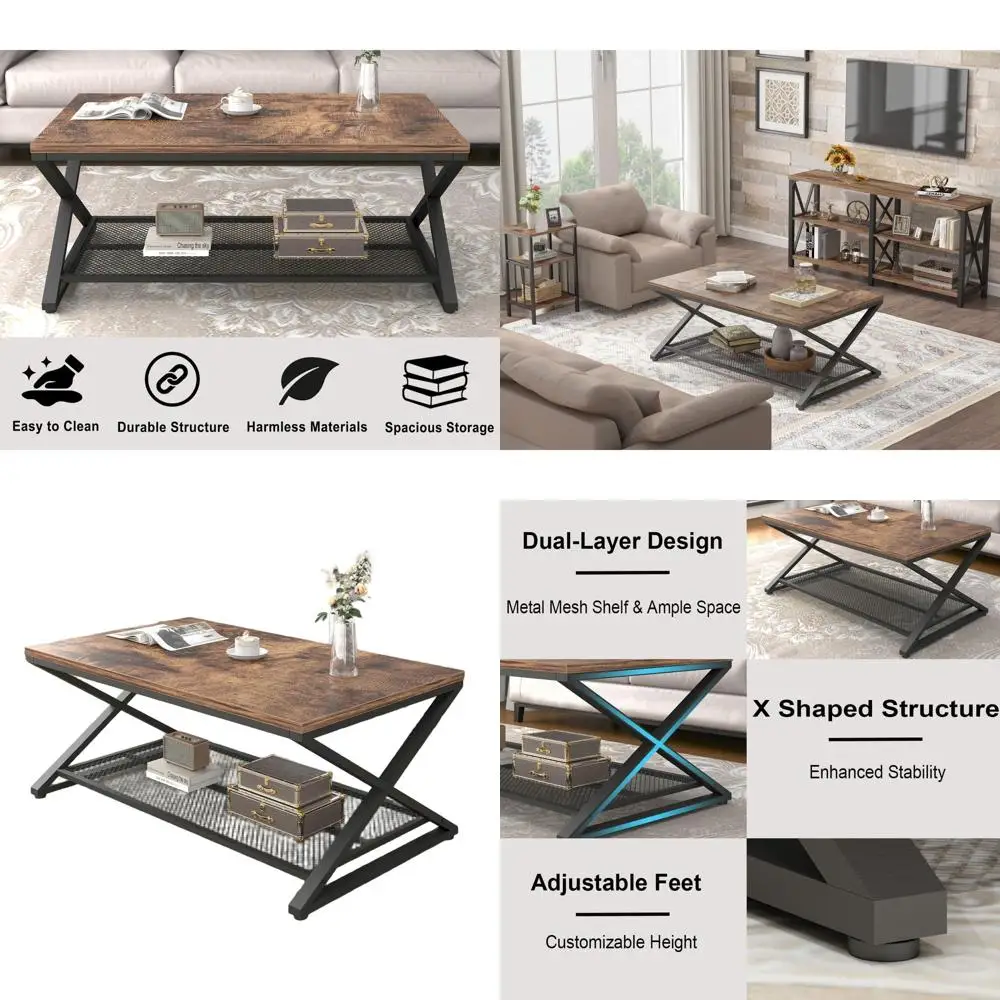 

Industrial-Style 2-Tier Metal & Wood Coffee Table with Storage, 39 Rustic Brown