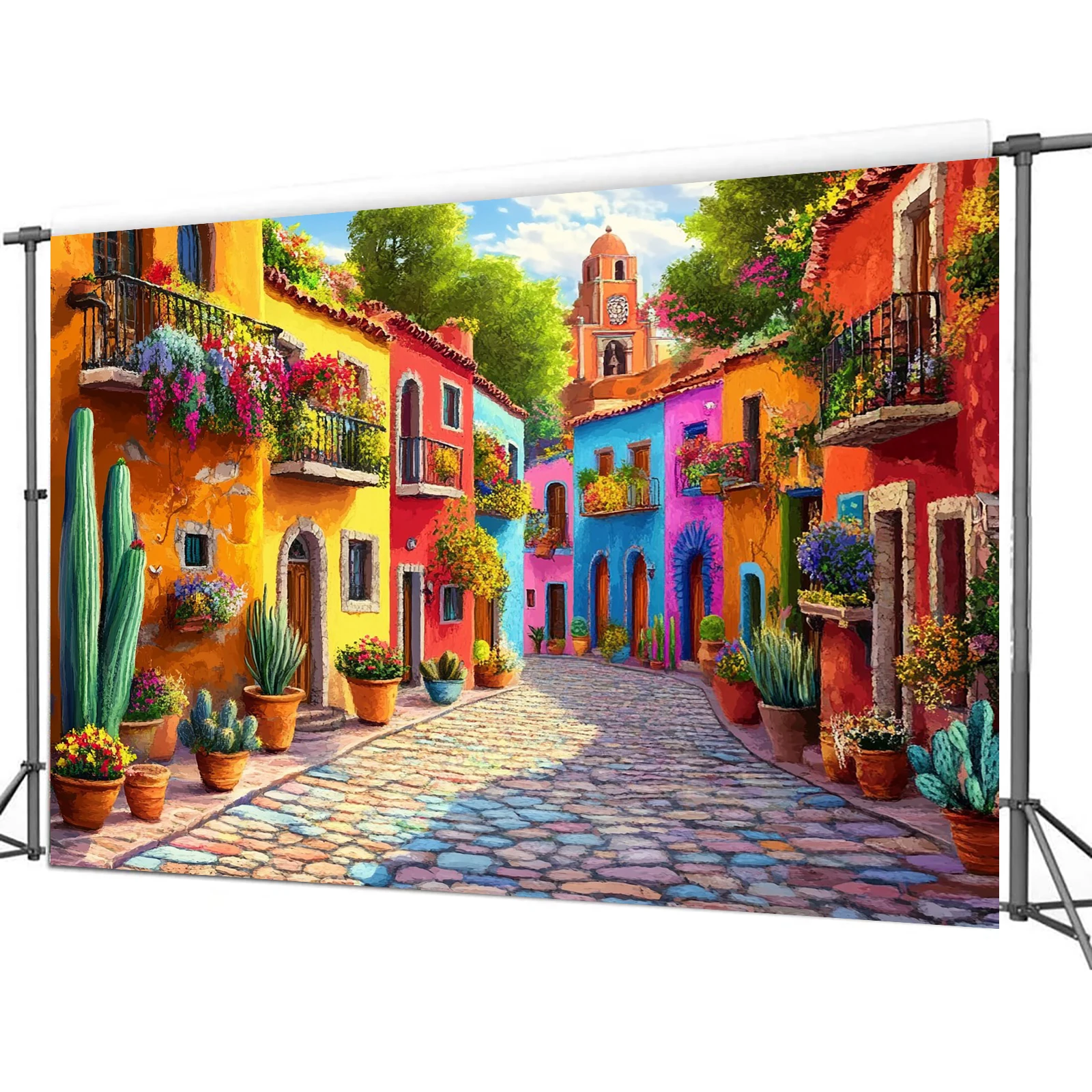 Colorful Mexican Street Scene Tapestry Vibrant Cobblestone Alley Flowers Cactus Latin America Culture Wall Hanging for CafeDecor