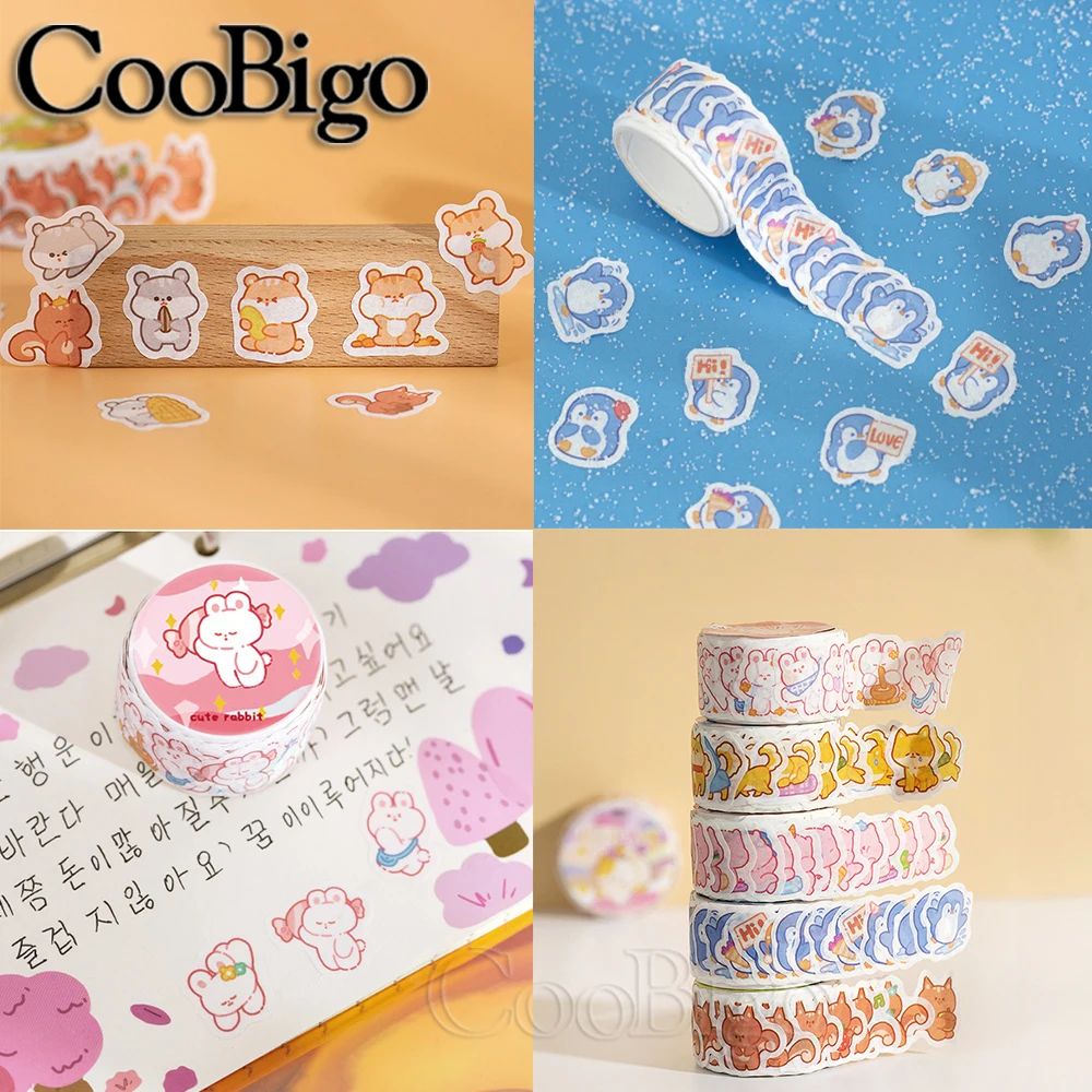 Cute Animal Sticker Bear Cat Dog Hamster Penguin Pig Rabbit Squirrel Adhesive Label Cartoon Pet Washi Tape for Kids 100pcs/roll
