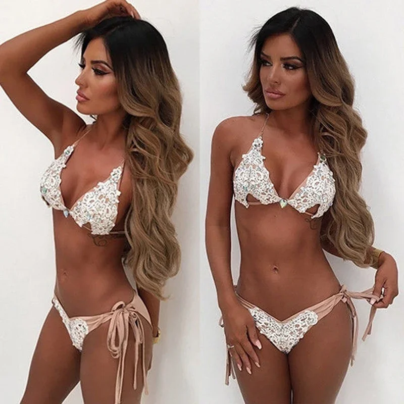 Koronkowe Bikini diamentowy strój kąpielowy kryształ kobiety stroje kąpielowe bandaż Halter zestaw Bikini brazylijski Rhinestone kostiumy kąpielowe