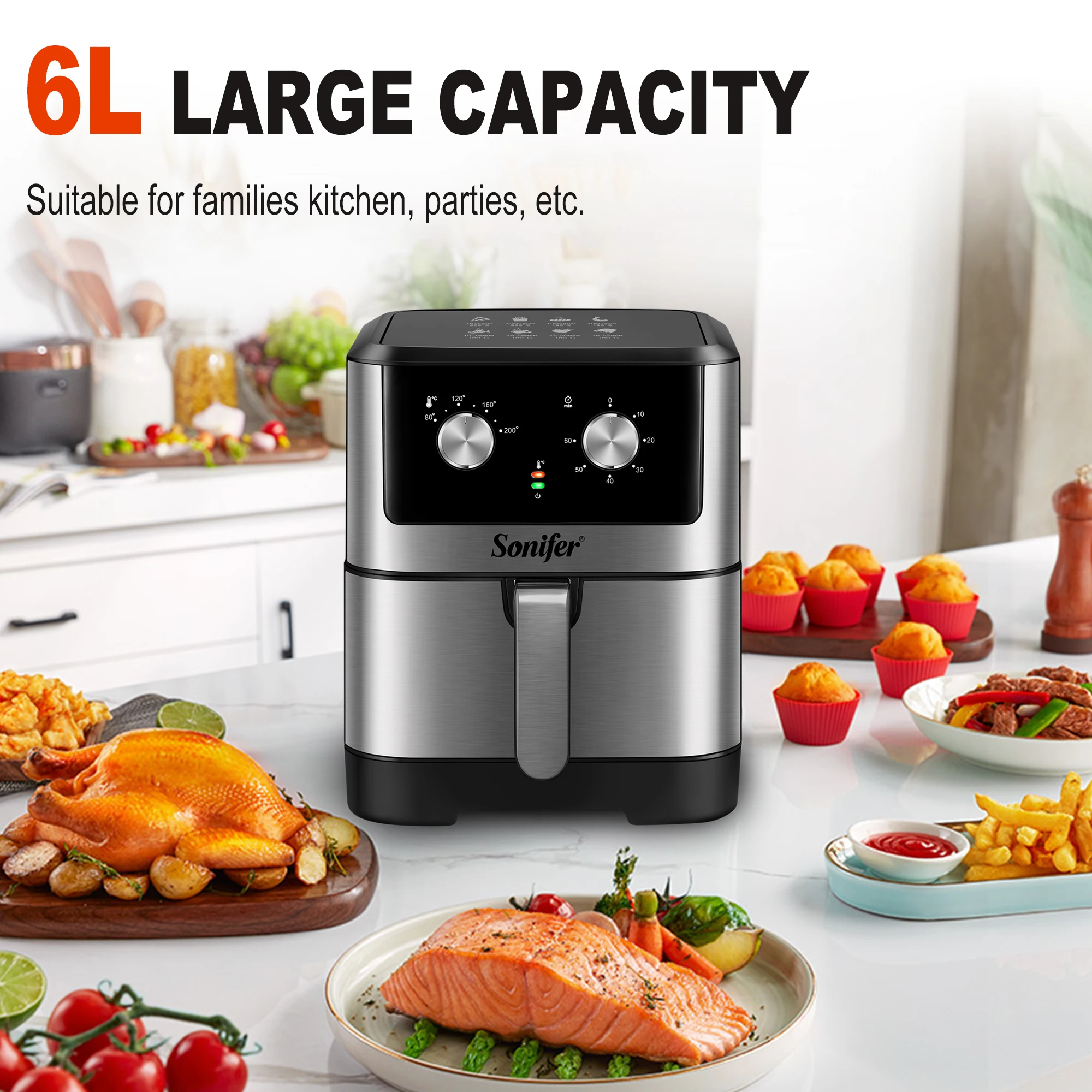 6L Air Fryer Without Oil Oven 1500W Multifunction Electric Deep Fryer Nonstick Basket Kitchen Cooking Frying Sonifer