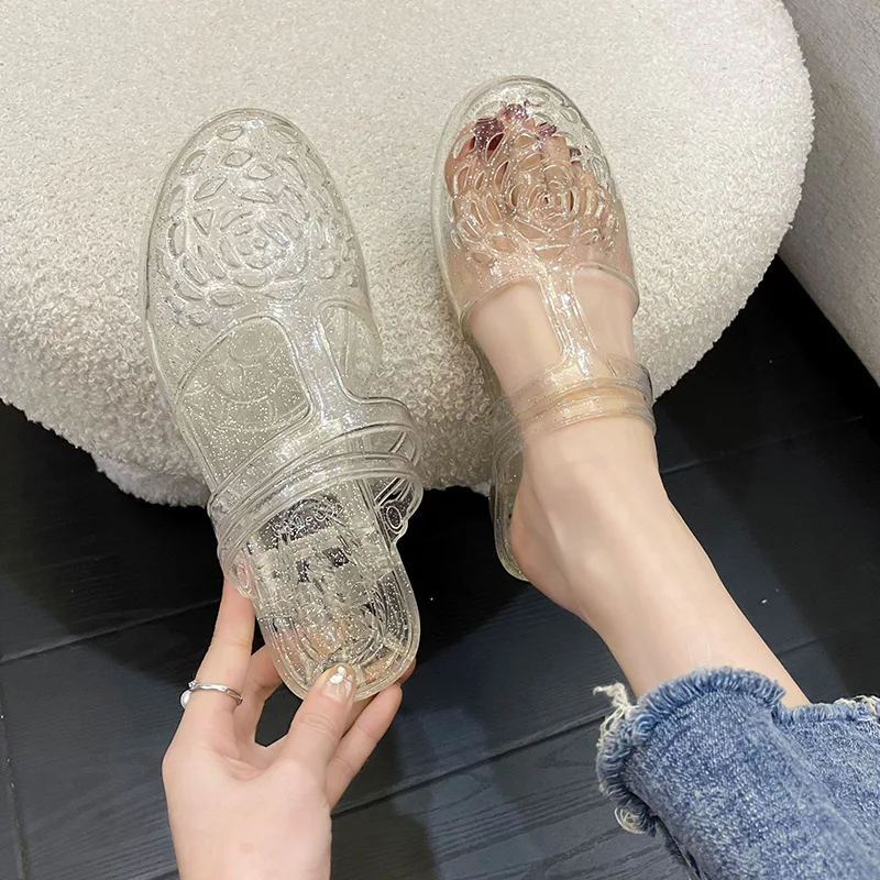 2026 Crystal Slippers Women's Transparent Anti-Slip Home Wear Summer Outdoor Half Slippers Comfortable Slip-On PVC Material