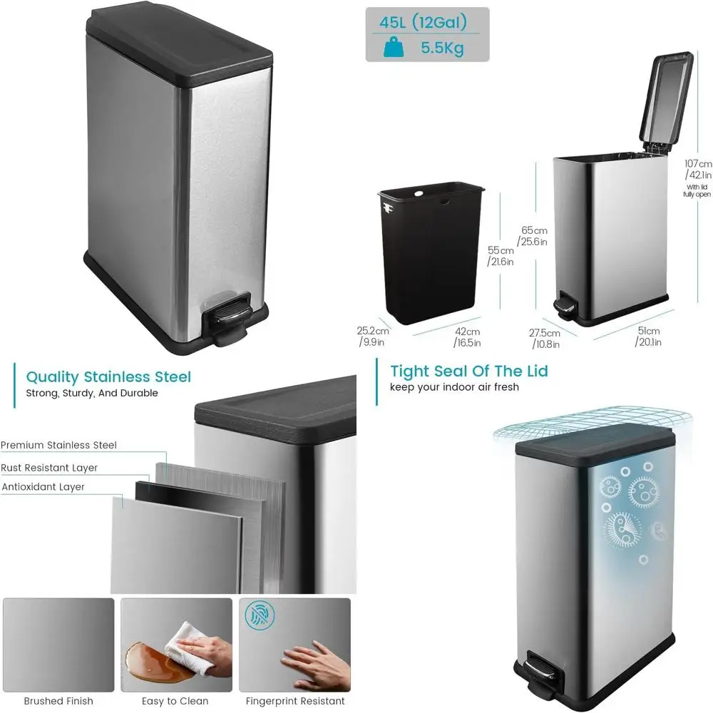 12 Gallon 45L Stainless Steel Step-On Trash Can with Lid, Inner Bucket for Kitchen Use