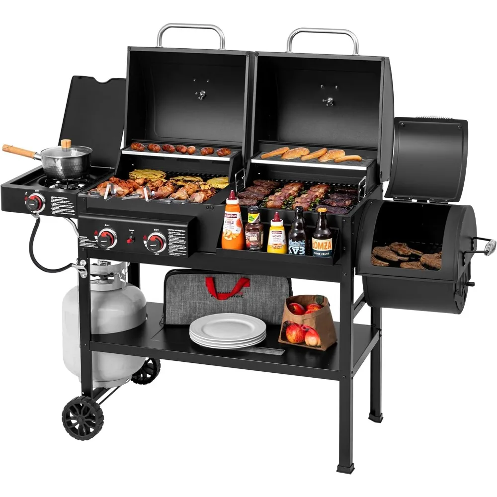 

2-Burner Gas and Charcoal Combo Grill with Offset Smoker & Side Burner, 34,000 BTU Dual Fuel Grill, 1020 Sq. In. Cooking Area, I