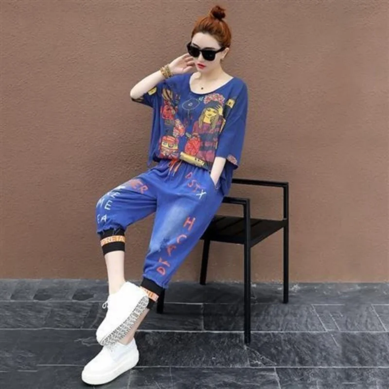 

Women's Sports Suit Short Sleeved T-shirt And Harem Calf-Length Pants Two Piece Set 2025 Summer New Fashion Korean Loose clothes