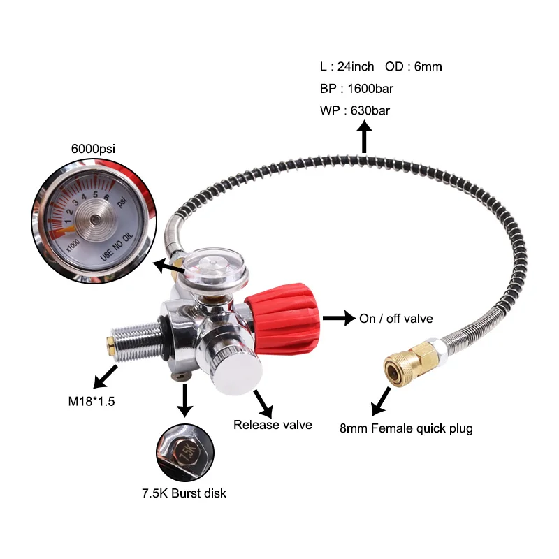 Diving Tank Fill Station with Valve Regulator Gauge, Carbon Fiber Cylinder, 4500Psi, 300Bar, 30 Mpa, 2L, Thead M18 * 1.5