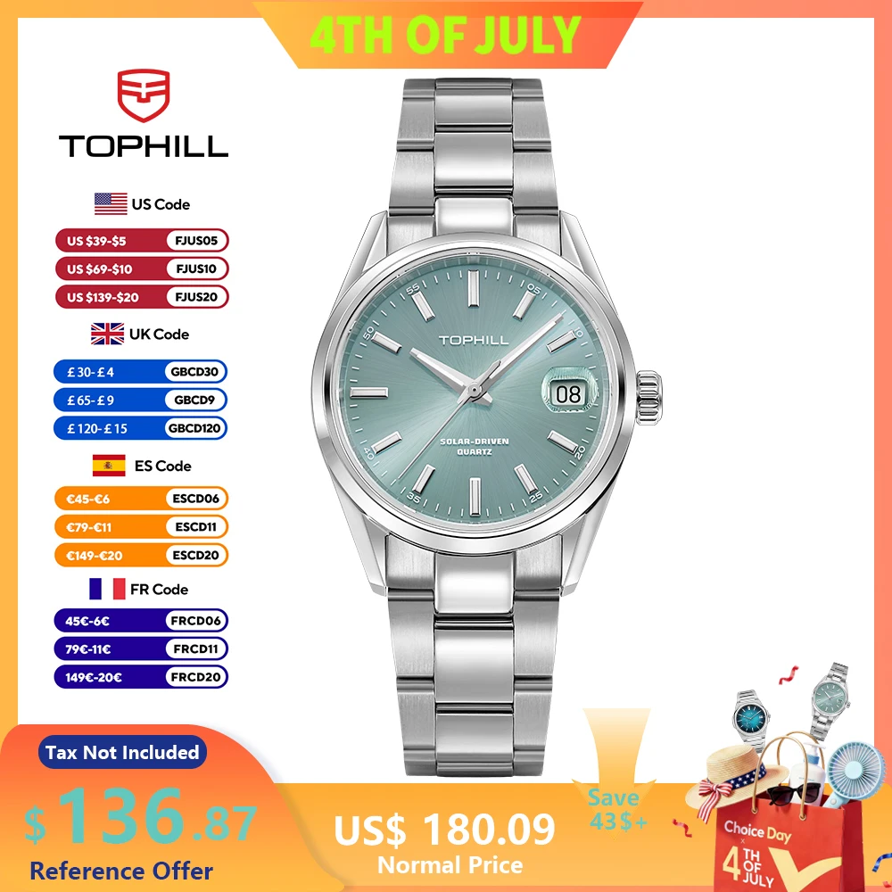 

TOPHILL luxury Business Watch For Men VR42A Solar-Powered Quartz Wristwatch Sapphire C3 Luminous Sapphire Glass 5Bar Waterproof