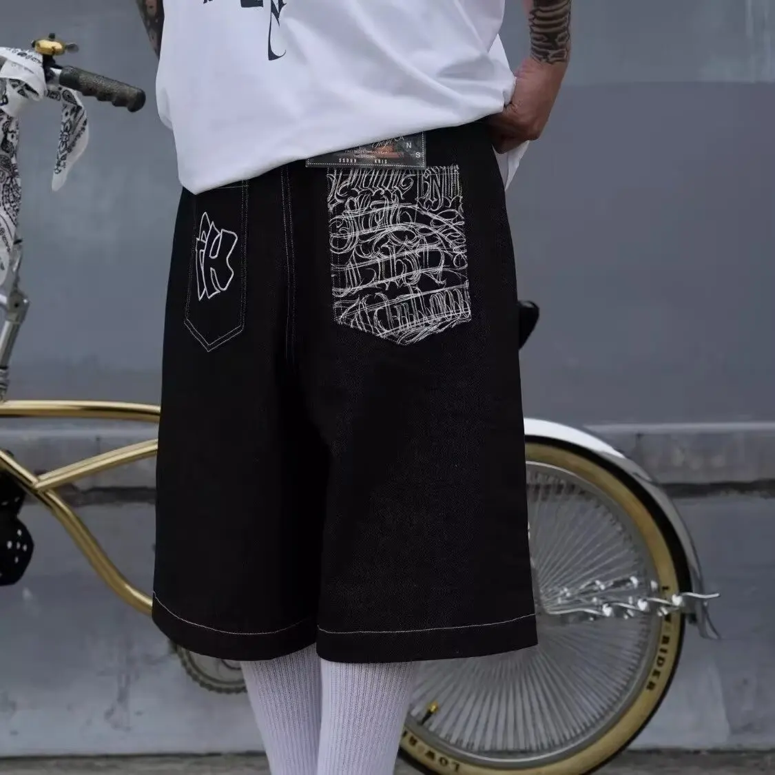 American High Street Printed Denim Shorts Men's Summer New Trend High Waist Washed Wide Leg Six Pants mid Pants