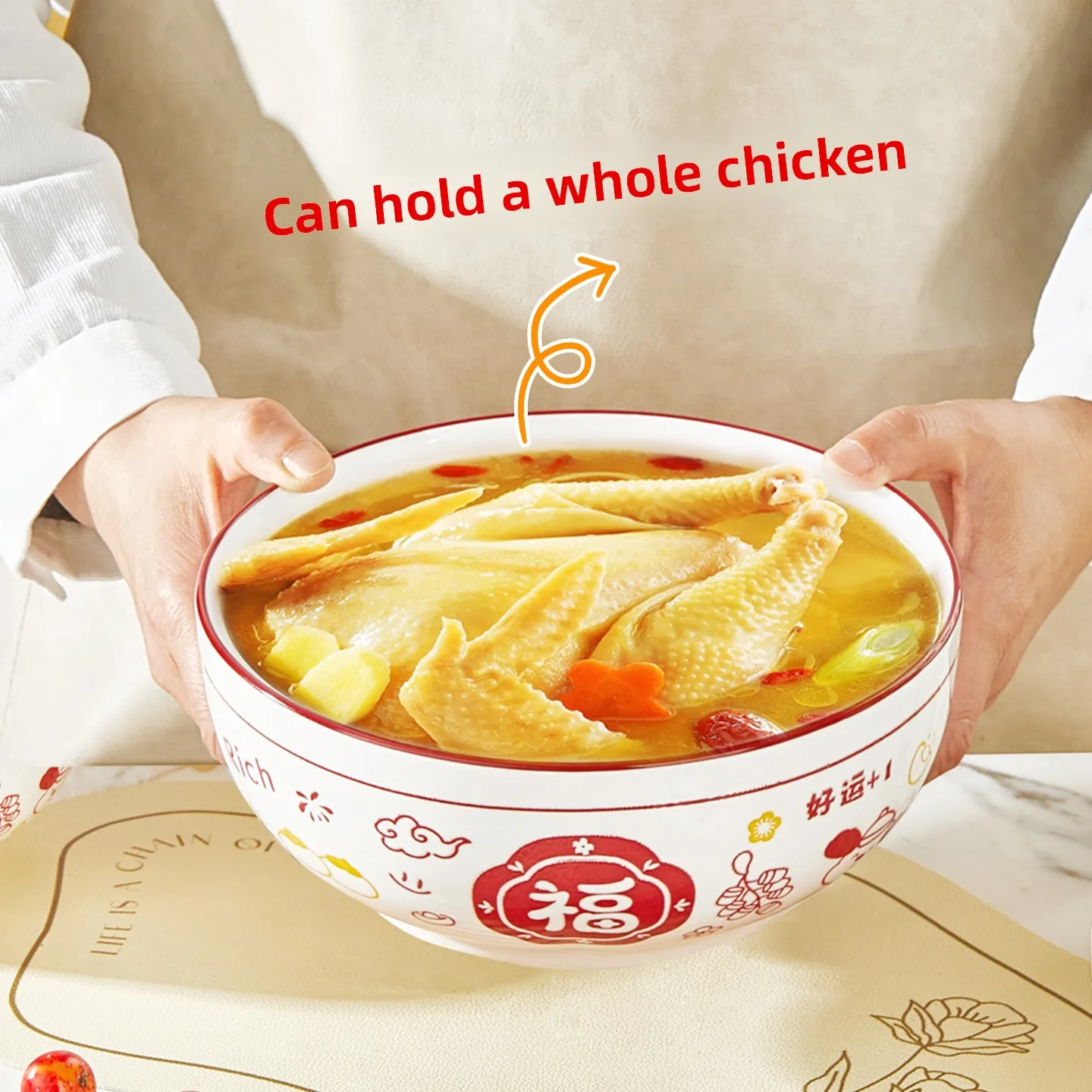 Large Ceramic Soup Bowl Salad Bowl Festive Red Fortune Character Ceramic Fish Pickle Large Bowl Bowl for Soup Ceramic