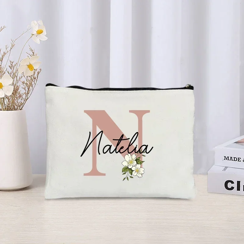 Name Makeup Bag Floral Letter Wedding Bridesmaid Gift Travel Cosmetic Organizer Canvas Custom Side Bag Ladies Pencil Case Purse