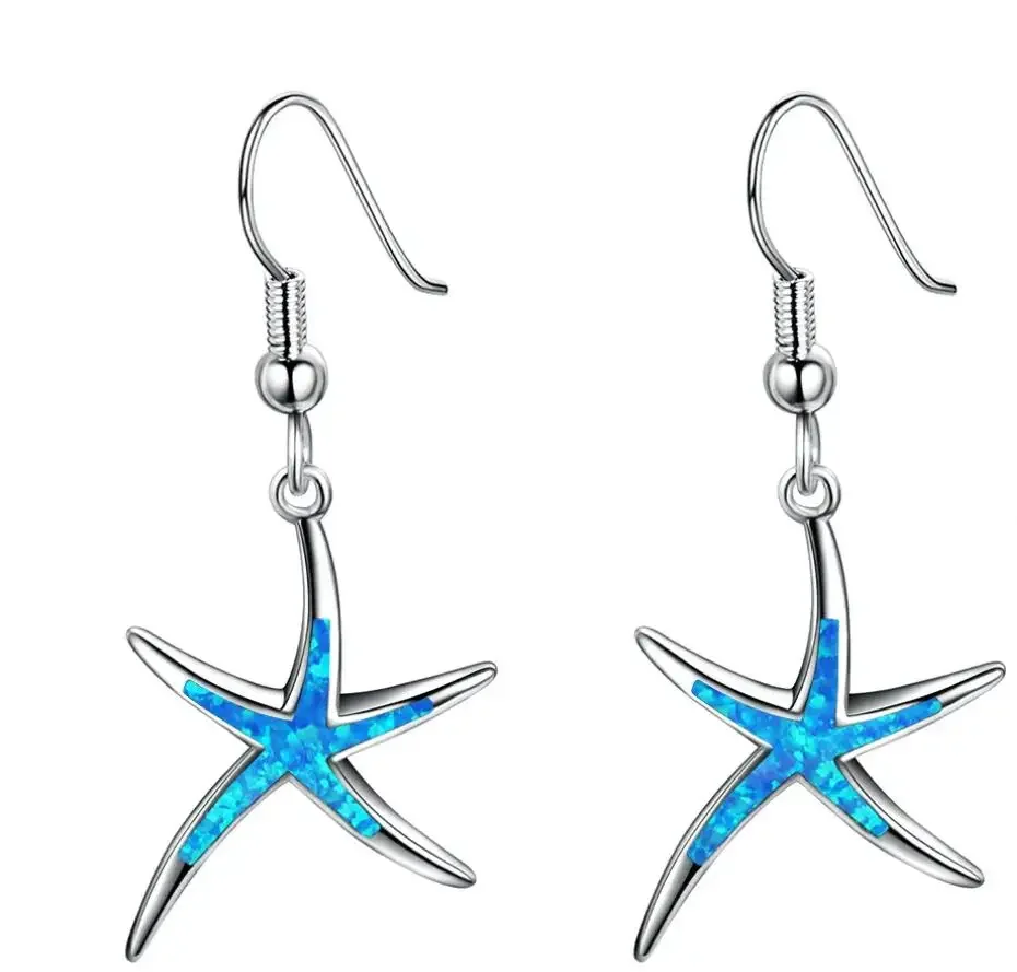 Personality Cute Starfish Blue Imitation Fire Opal Drop Dangle Hook Earrings Womens Summer Beach Custom Jewelry